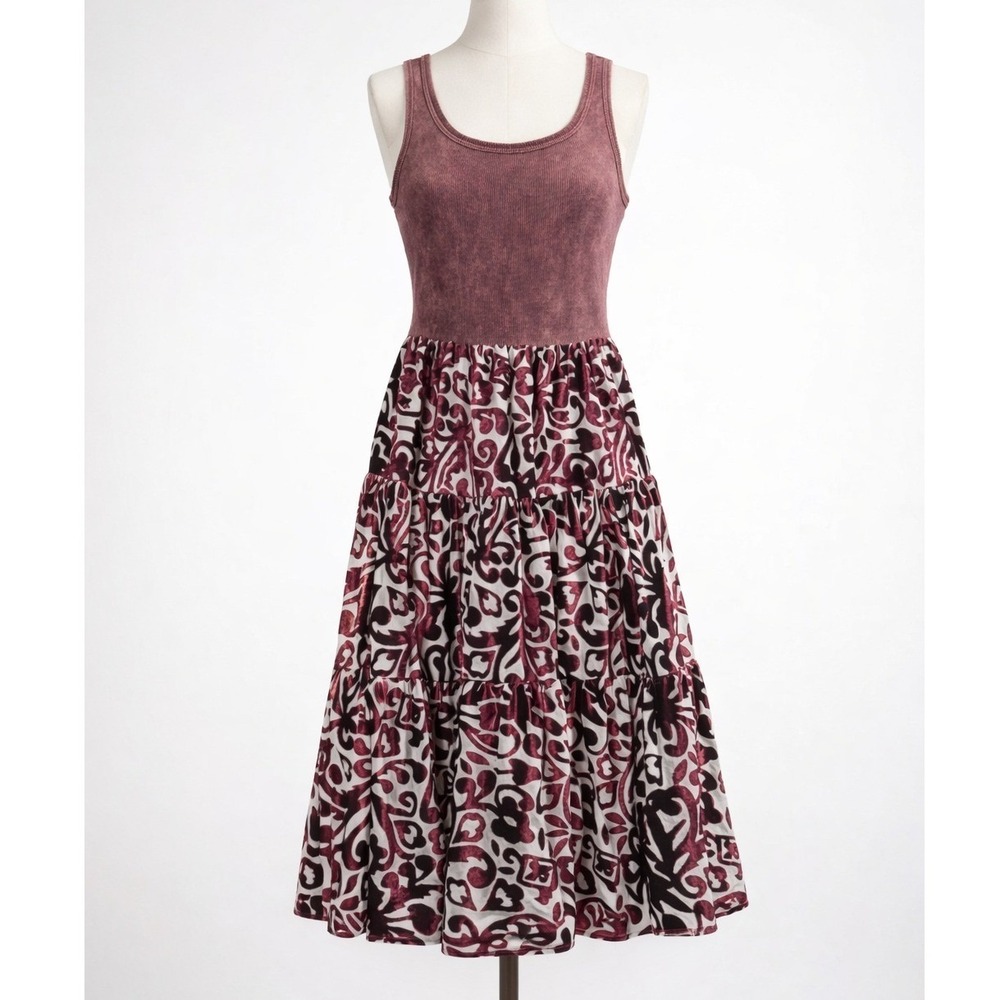 Awake‎ Couture Boho Velvet Burnout Tiered Midi Dress Sleeveless Maroon Small